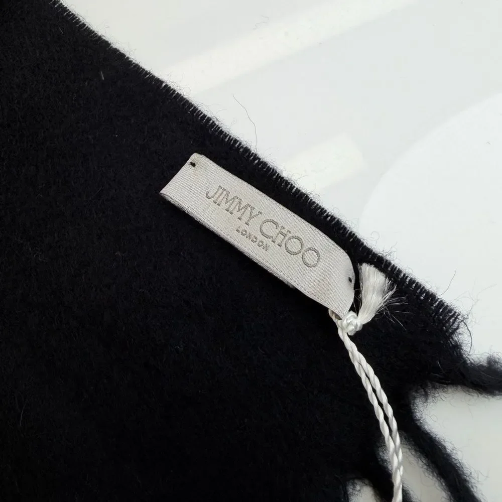 Jimmy Choo NWT Black Monogram Embroidered Fringe Scarf